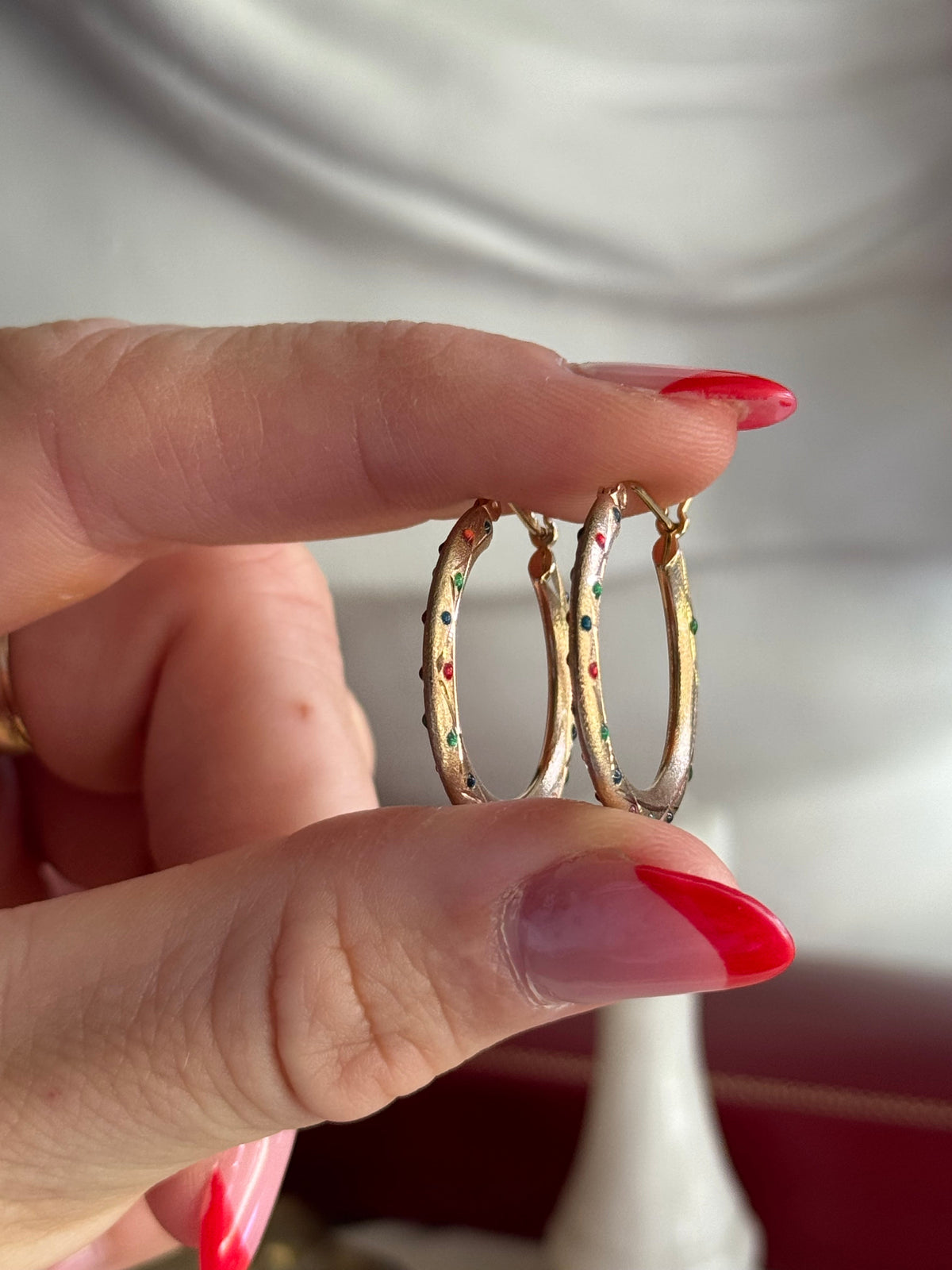 Vintage 14k Yellow Gold & Multi-Colored Enamel Hoops