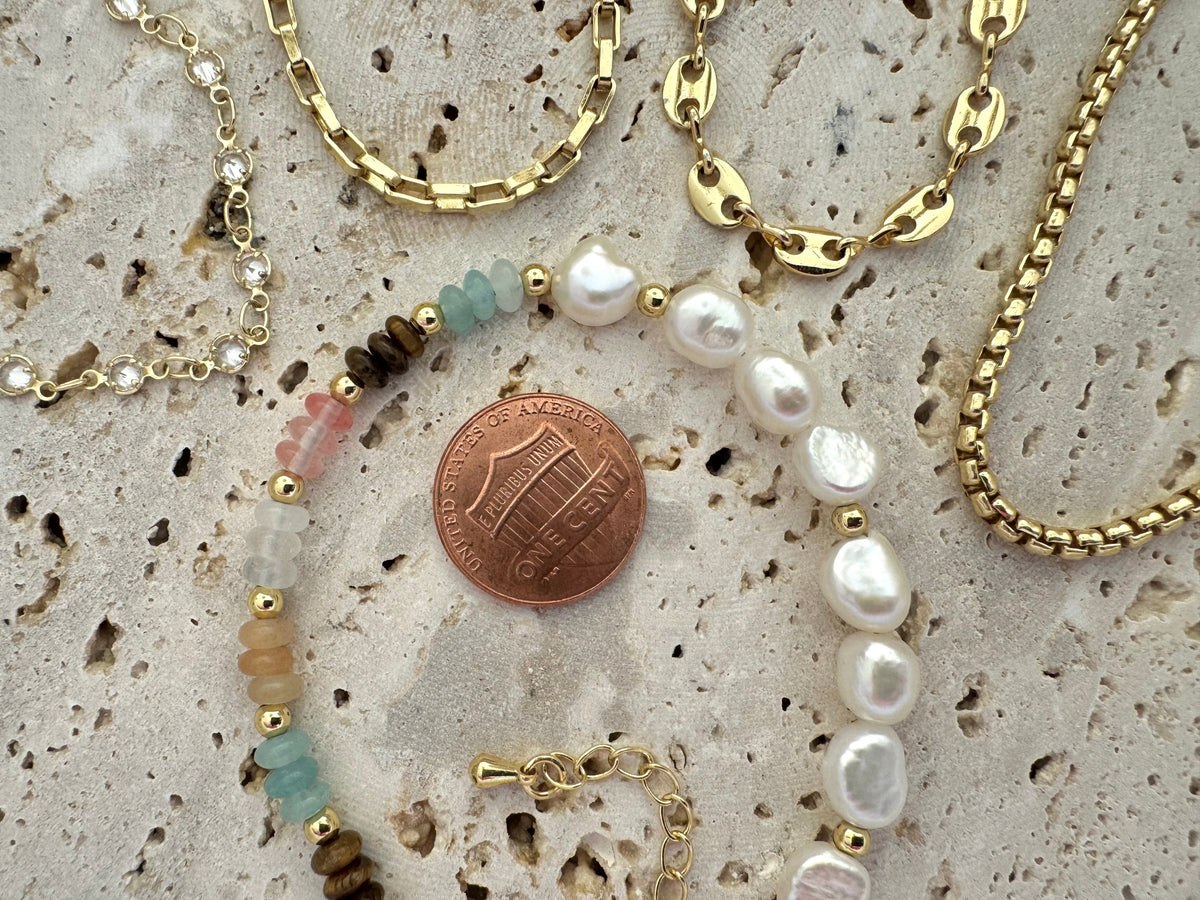Keshi Pearl + Gemstone Bracelet - Gold Filled Mariner Chain Bracelet - Rolo Bracelet - Paperclip Chain