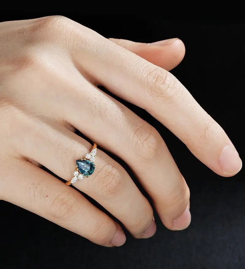 Pear Shaped Teal Sapphire Engagement Ring Yellow Gold Marquise Cut Moissanite Ring Vintage Prong Set Diamond Wedding Ring Promise Anniversary Bridal Ring