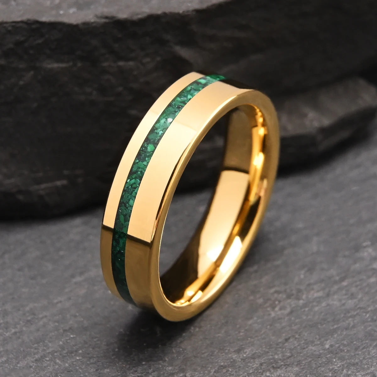 Artisan 6mm Gold Tungsten Carbide Ring | Natural Green Malachite Inlay