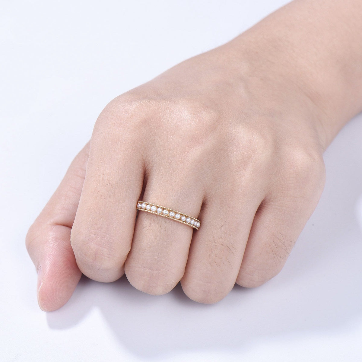 Freshwater Pearl Wedding Ring - 14k Gold Milgrain Anniversary Band
