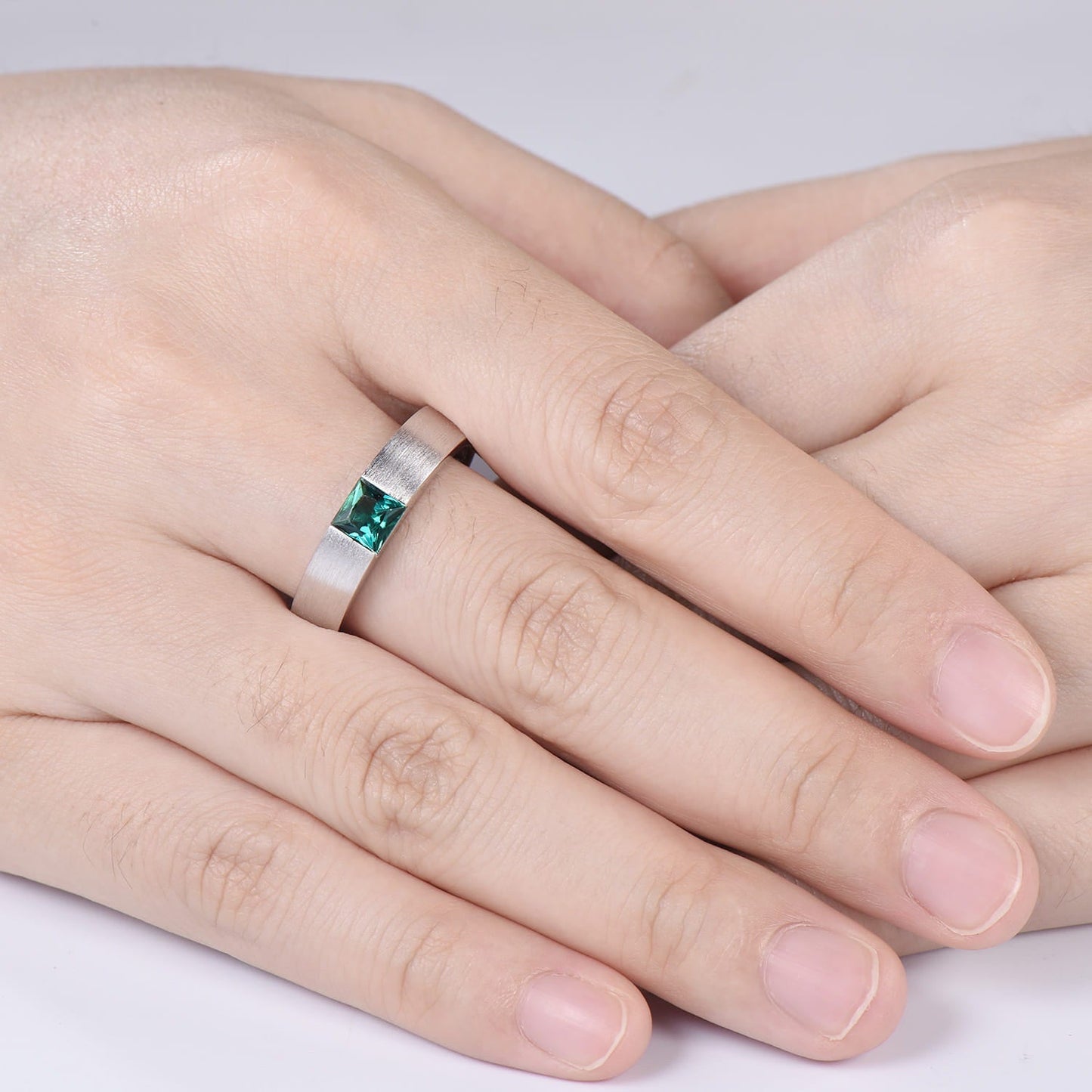 Men's Princess Cut Green Emerald Ring: 14K White Gold May Birthstone Gift For Him