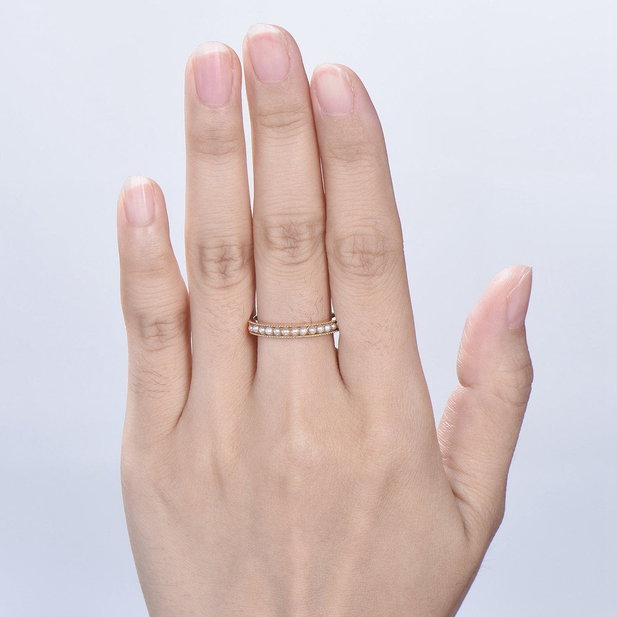 Freshwater Pearl Wedding Ring - 14k Gold Milgrain Anniversary Band