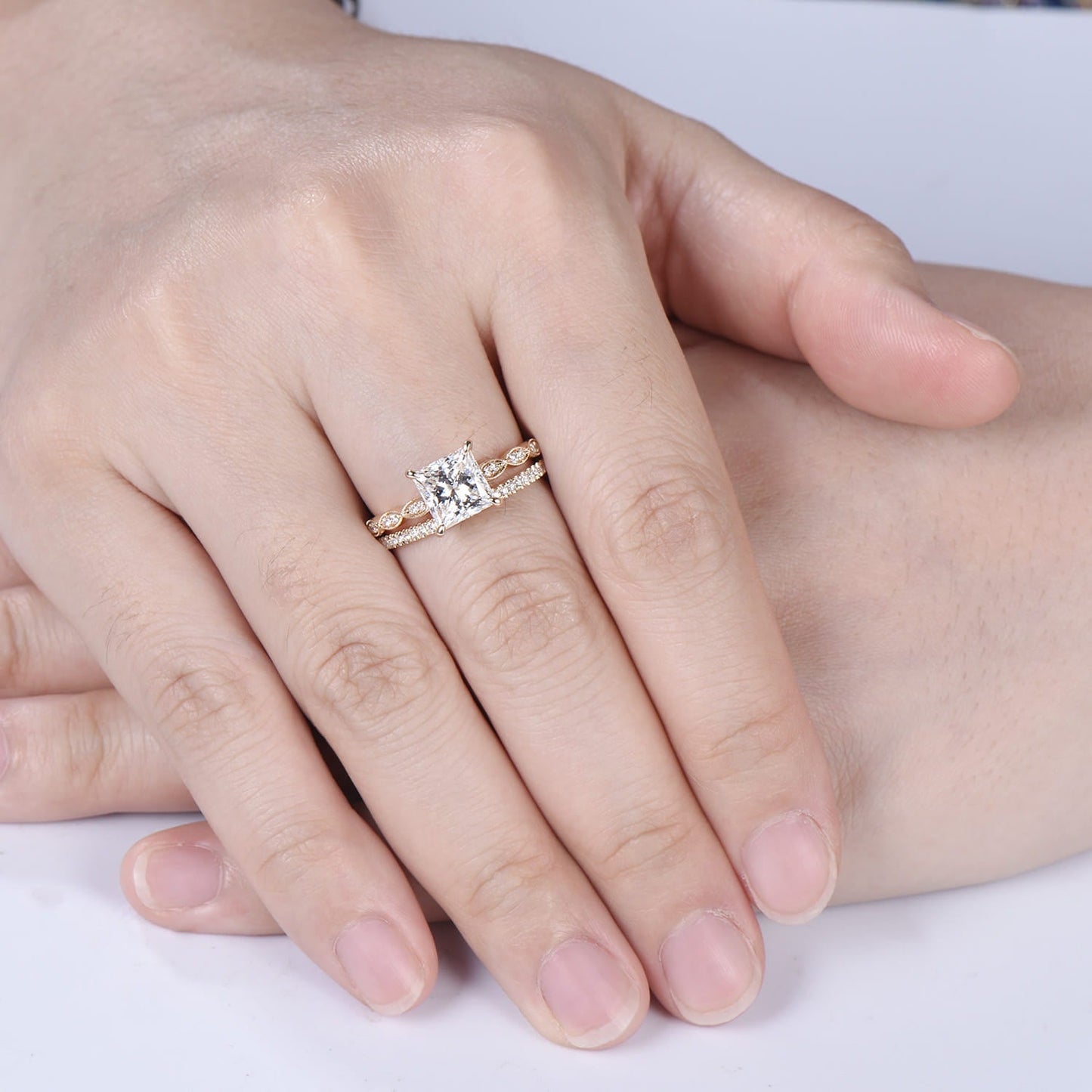 2CT Princess Cut Lab Diamond Engagement Ring Set: 14k Yellow Gold Art Deco Milgrain Marquise Bridal Wedding Set