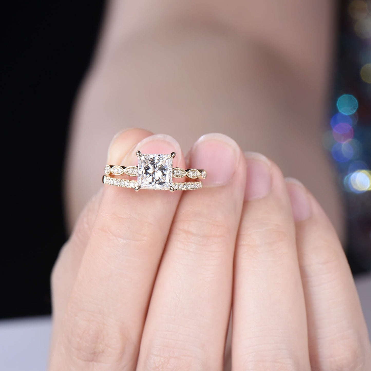 2 Carat Princess Cut Lab Grown Diamond Engagement Ring Set