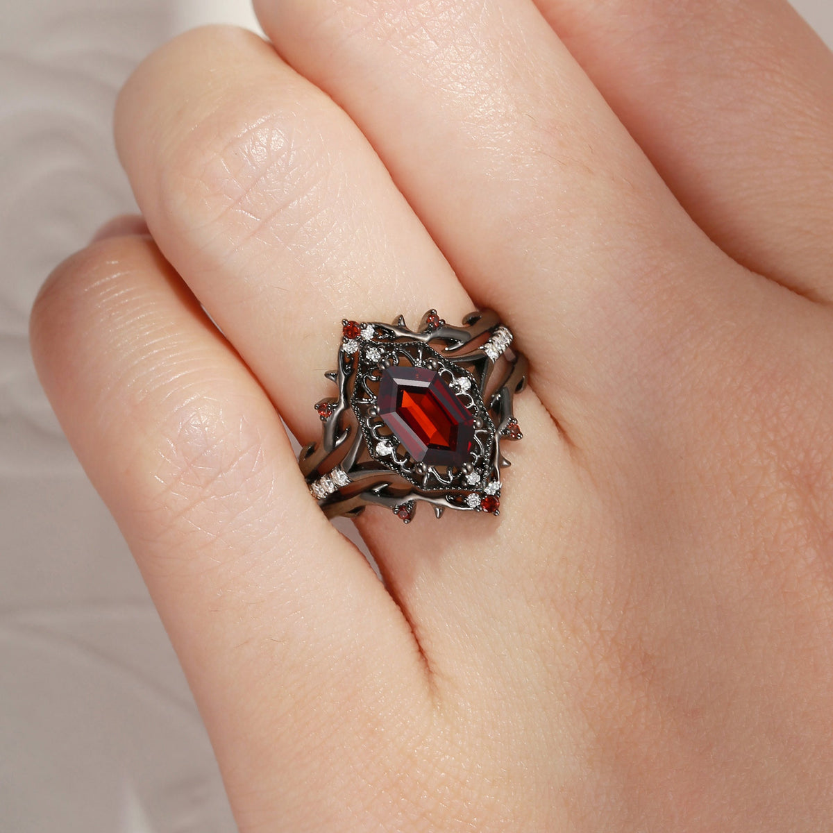 Gothic Inspired Hexagon Cut Garnet Vampire Shield Engagement Ring Set 3pcs