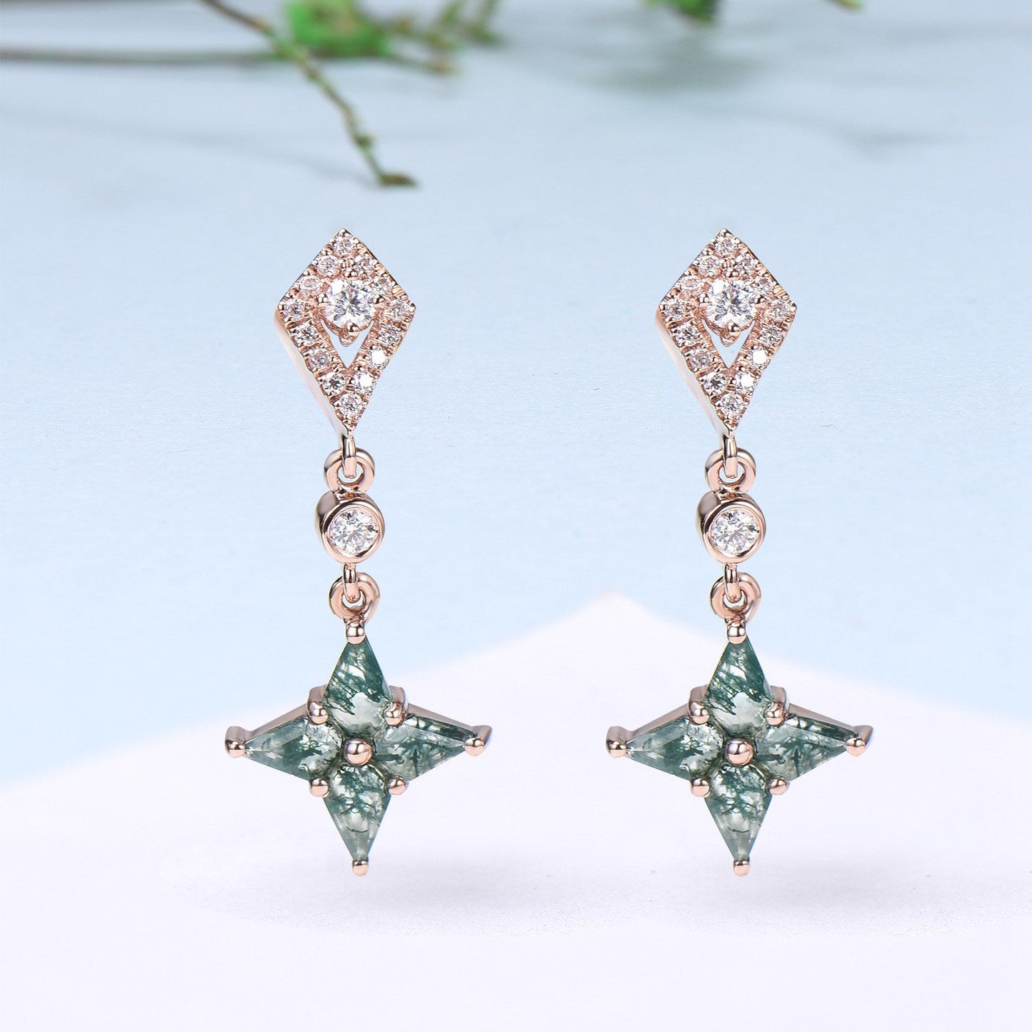 Vintage kite moss agate earrings Unique pinwheel earrings halo diamond drop stud earrings dainty green agate anniversary gift for women