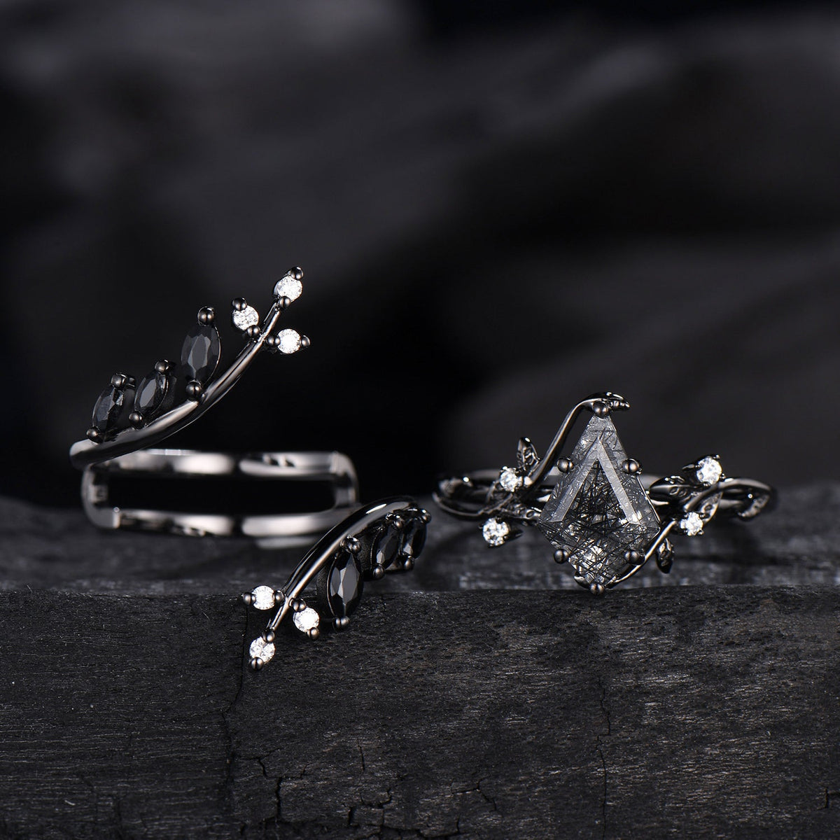 Unique gothic kite cut black rutilated quartz engagement ring set black gold cluster engagement ring leaf branch nature inspired wedding set