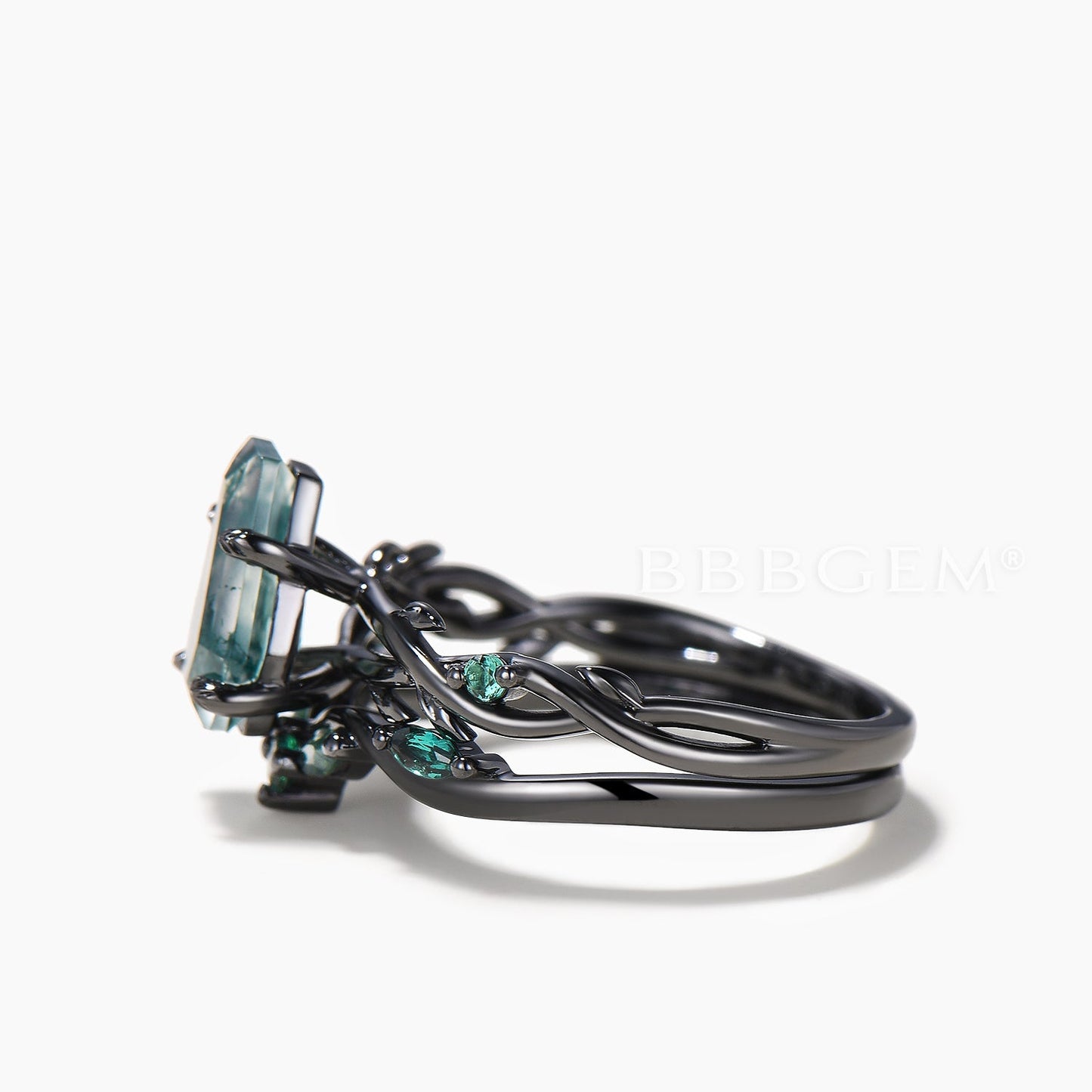 Black Gold Ring Set Coffin Cut Natural Moss Agate Twisted Ring Emerald Curved Band