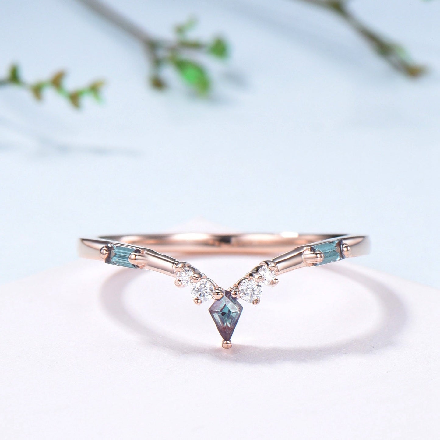 Curved Kite and Baguette Cut Alexandrite Wedding Band, Rose Gold Cluster Moissanite Ring