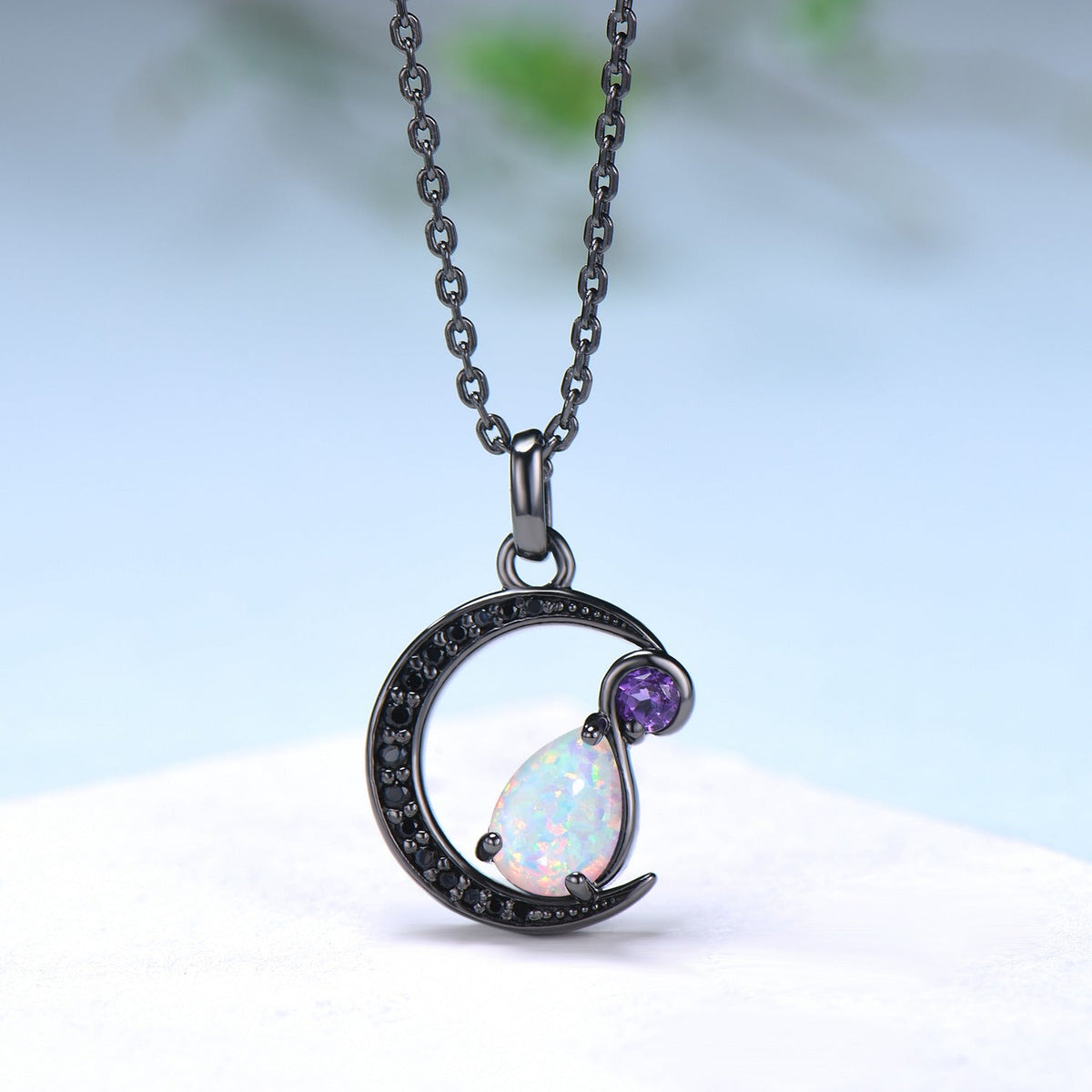 Magic Crescent Moon Black Gold Opal Amethyst Gothic Pendant Necklace Unique Pear Shaped Fire White Opal Black Spinel Necklace Halloween Girl