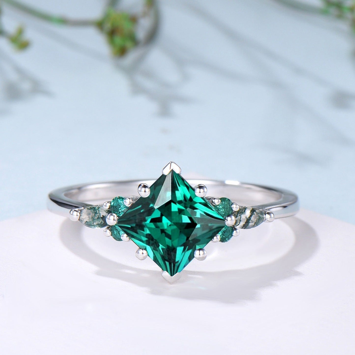Unique Princess Cut Emerald Engagement Ring Set Silver White Gold Marquise Moss Agate Green Crystal Bridal Wedding Ring Retro Promise Ring