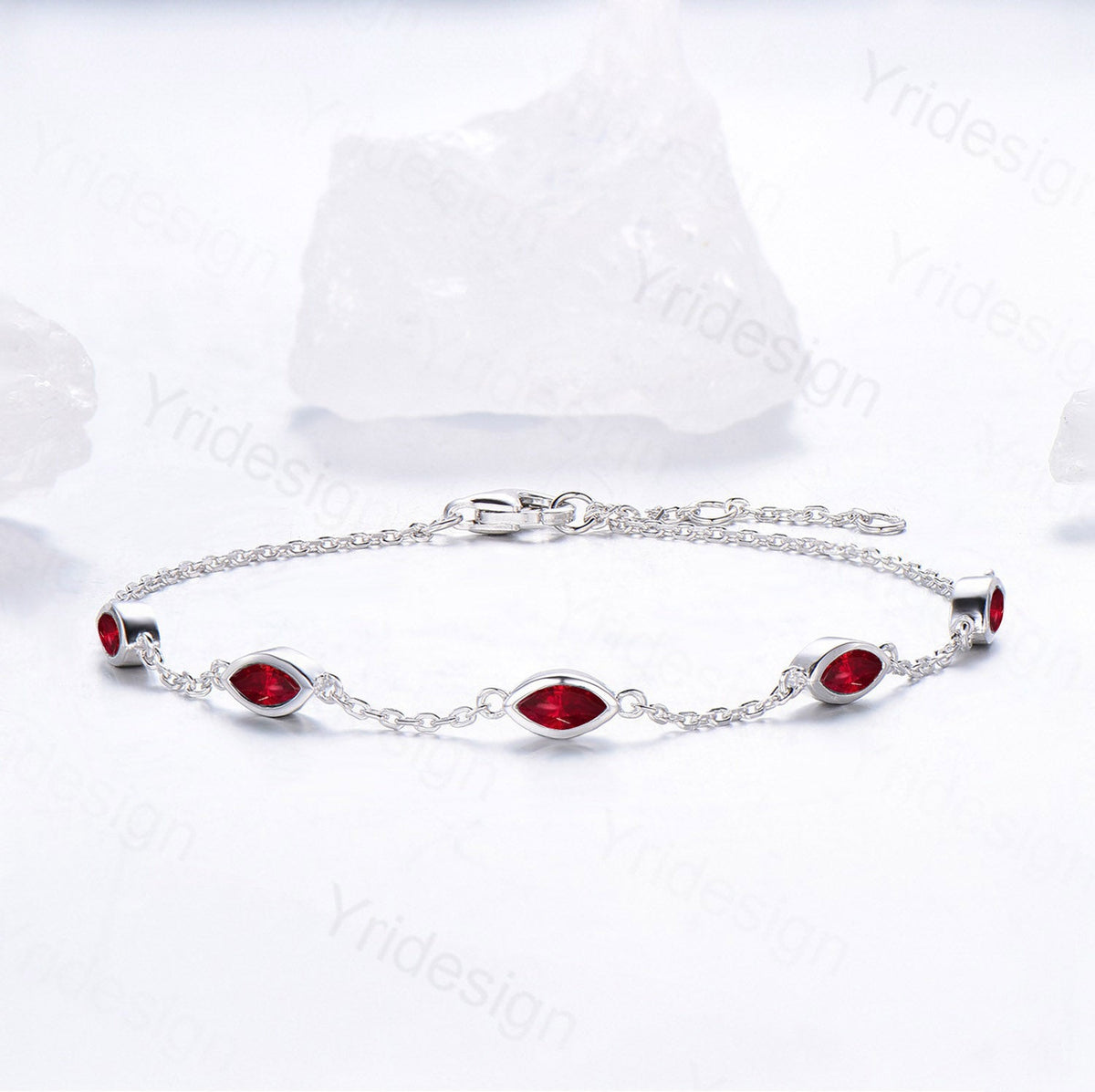 Dainty marquise cut ruby bracelet bezel set