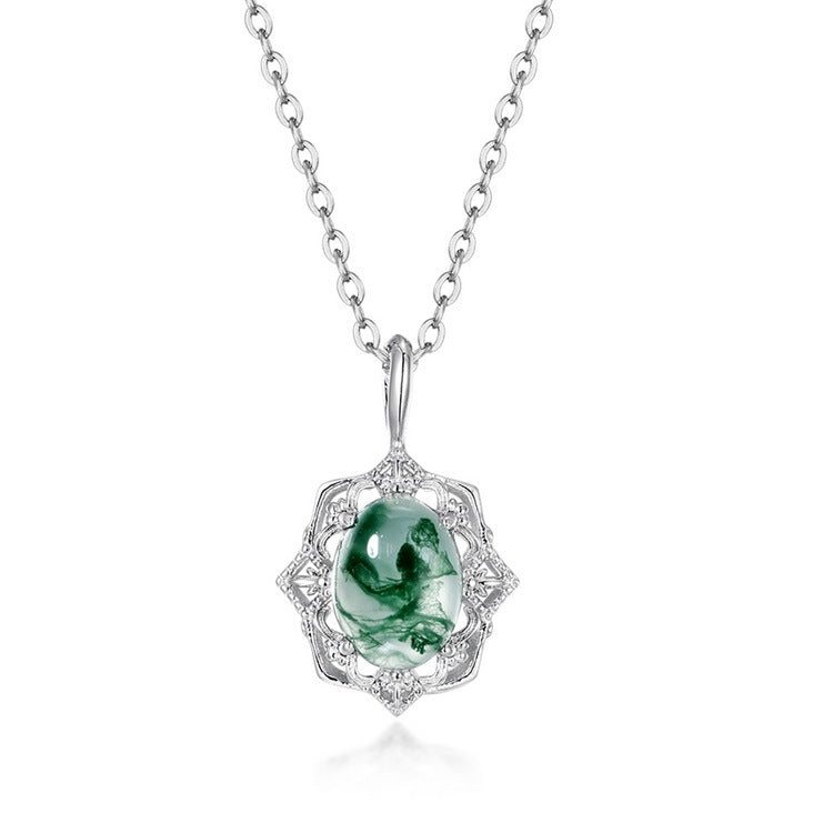 Art Deco Oval Cut Moss Agate Necklace Pendant - Halo