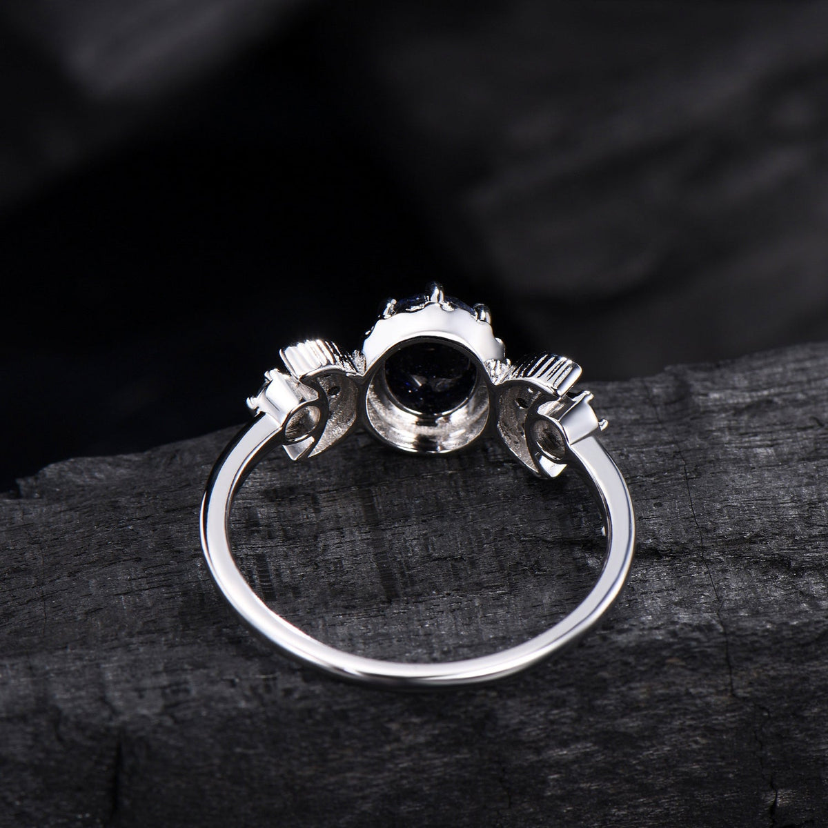 Oval Blue Sandstone Engagement Ring, Celestial Crescent Moon Ring, Gothic Promise Ring, Triple Goddess Witchy Jewelry, Anniversary Gift