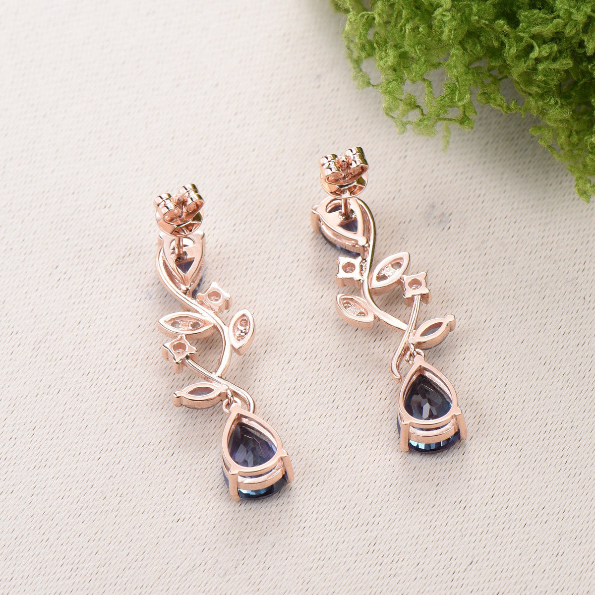 Nature Inspired Pear Shaped Alexandrite Earrings Emerald Elegant Leaf Vine Stud Earrings Unique Handmade Anniversary Promise Gift