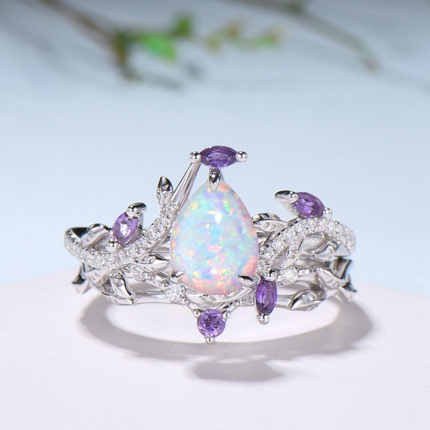 Vintage Pear Shaped White Fire Opal Engagement Ring Set Nature Inspired Snake Marqusie Opal Wedding Set 14K Rose Gold Amethyst Bridal Set