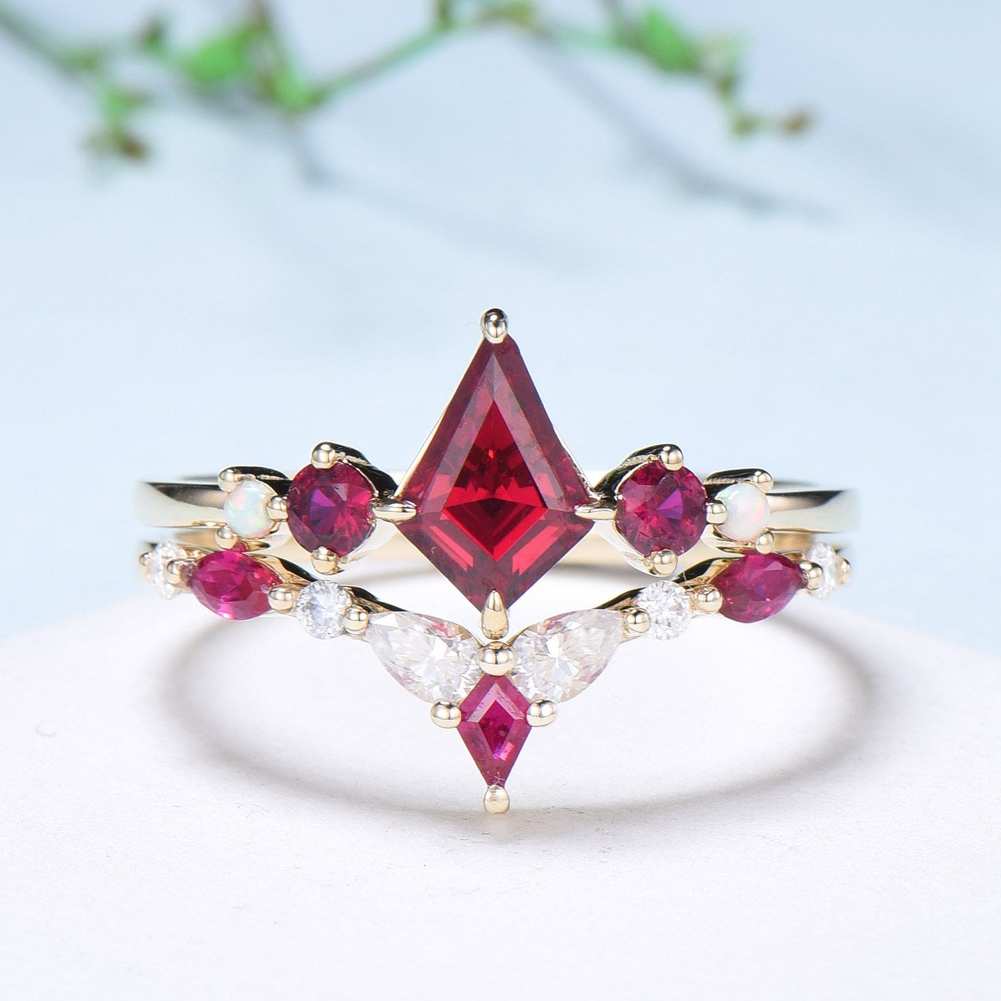 Vintage Kite Ruby Engagement Ring Set 1ct Ruby Bridal Wedding ring Set Art Deco Anniversary Gift Unique July Birthstone Bride Ring For Women