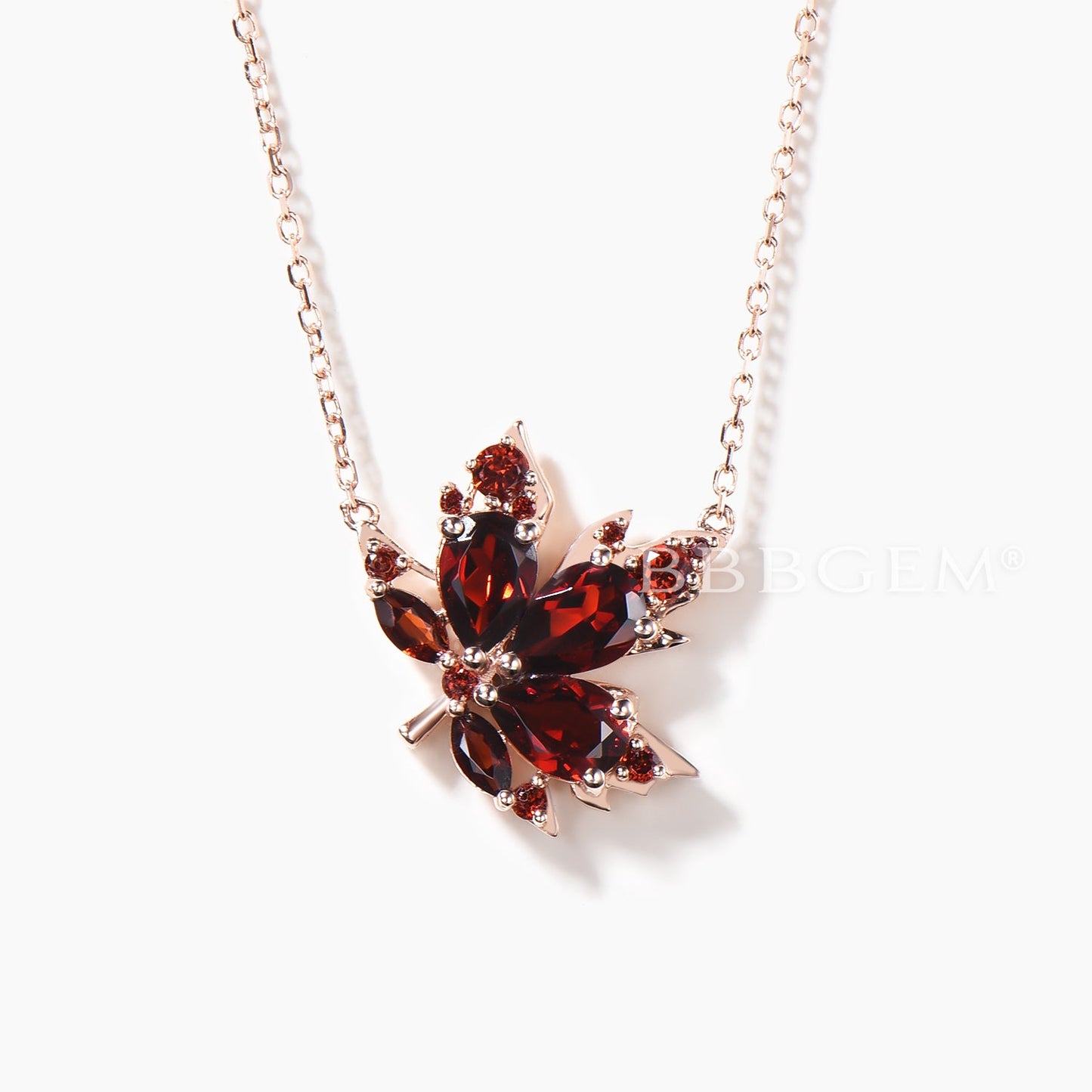 Teardrop Cut Garnet Maple Leaf Necklace Rose Gold Nature Inspired Pendant