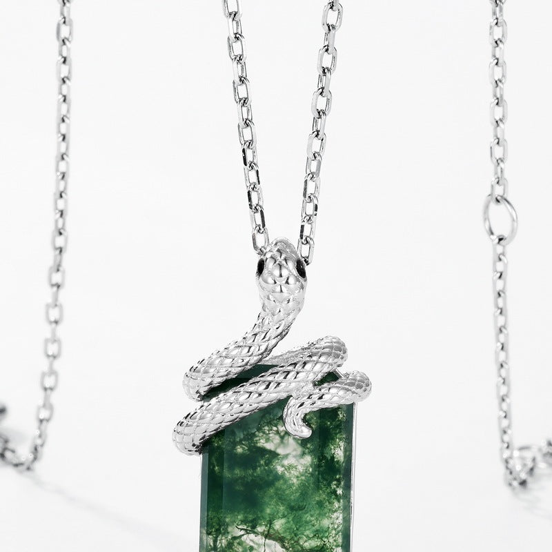 Luxury Snake Shape Green Moss Agate Pendant Necklace