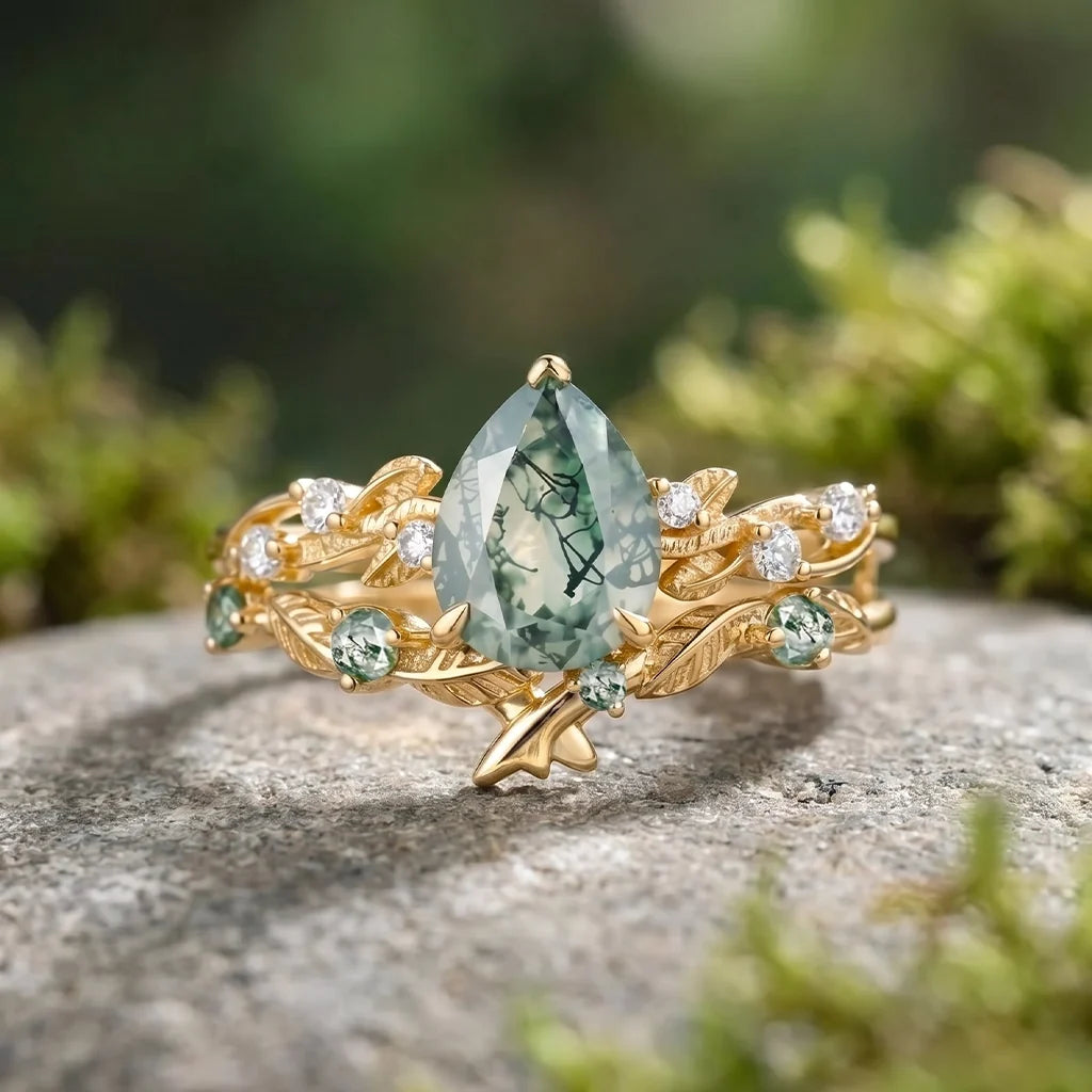 Clarissa’s Frond | Pear Cut Moss Agate Leafy Bridal Set 2pcs