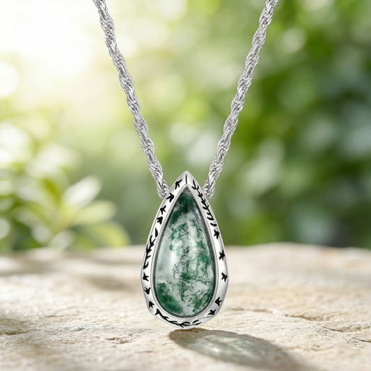Heirloom Moss Agate Pear Pendant â€?Intricate Vine