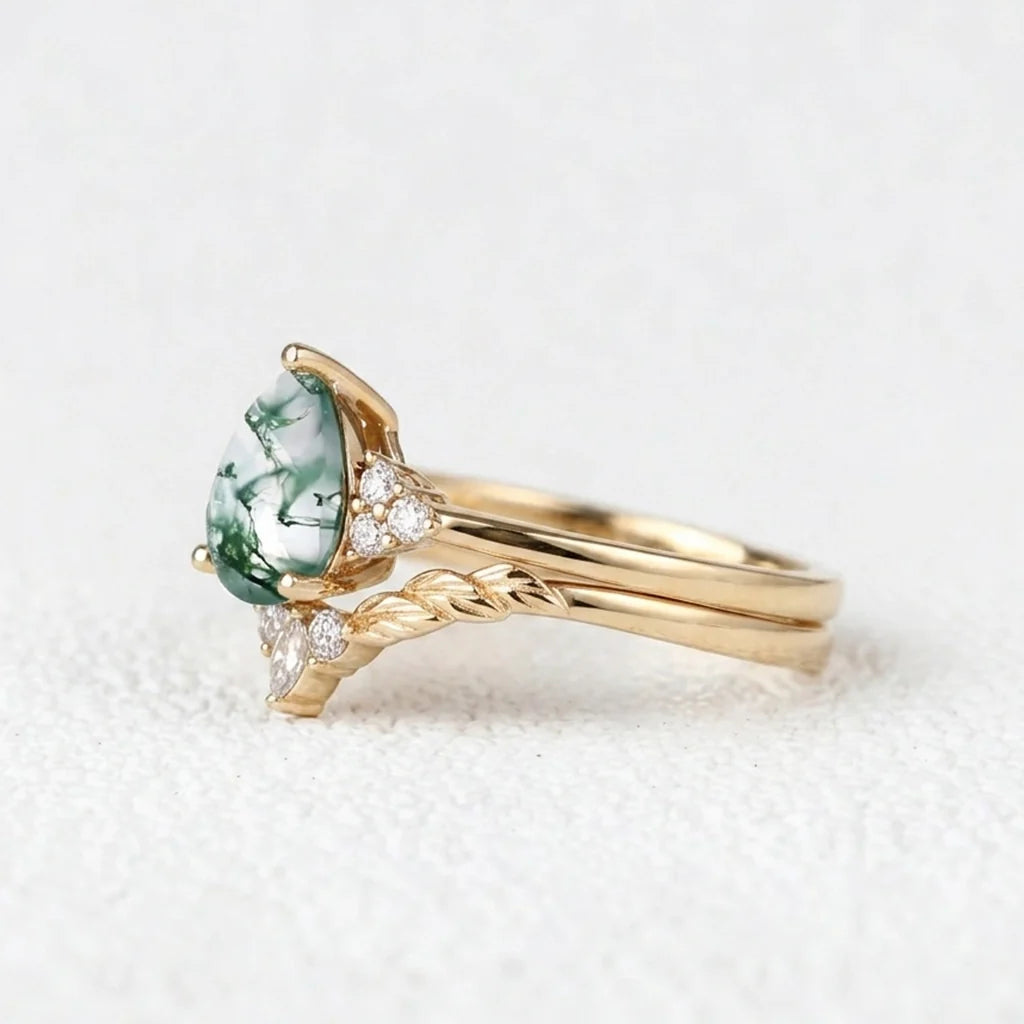 Mirabel’s Idyll | Unique Moss Agate Leaf Engagement Ring Set 2pcs