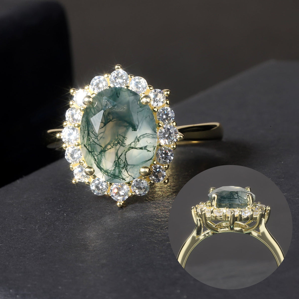 Halo Oval Moss Agate Vintage Engagement Ring