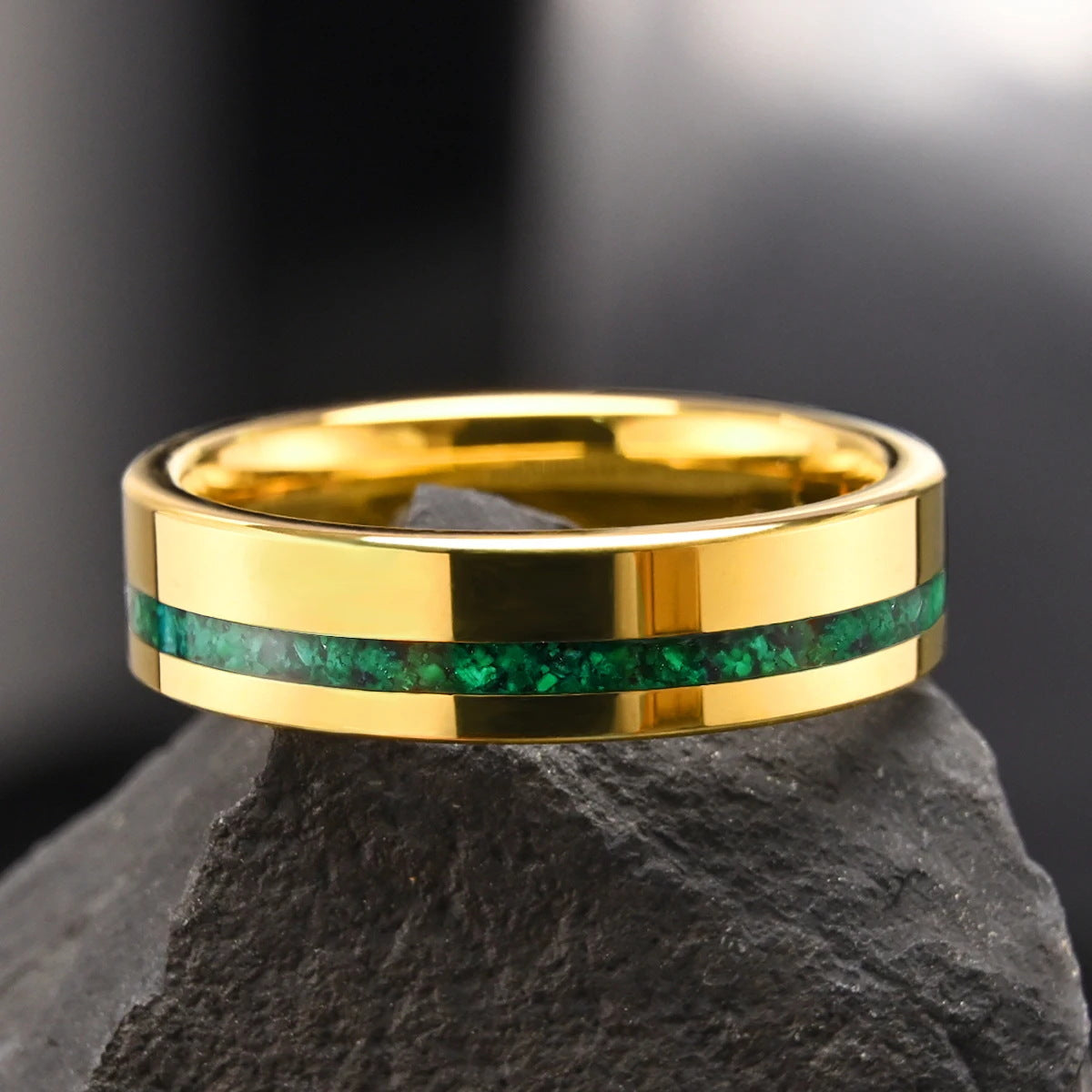 Artisan 6mm Gold Tungsten Carbide Ring | Natural Green Malachite Inlay