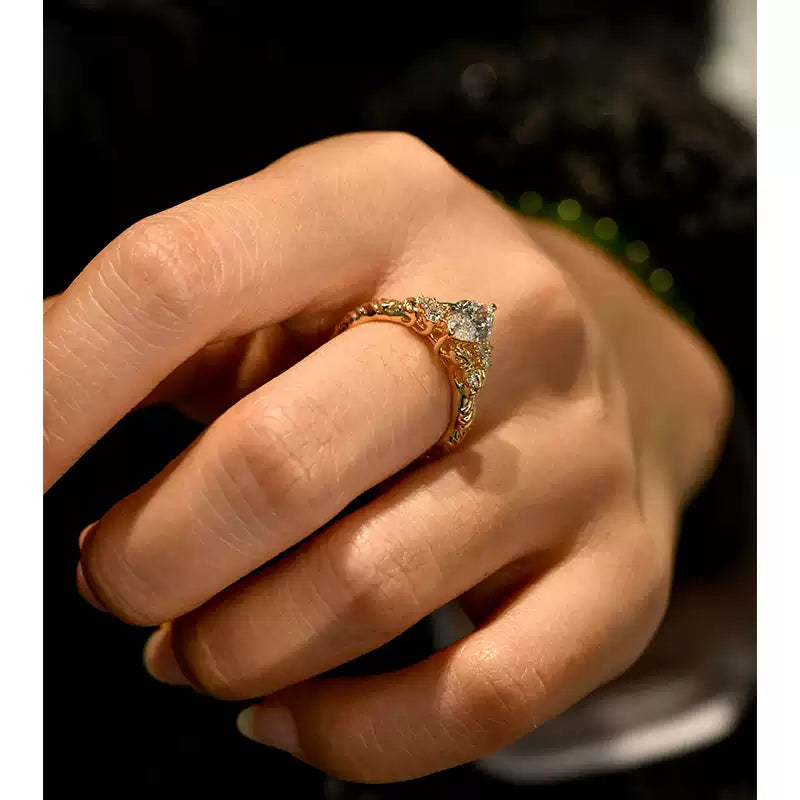 Vintage Leaf Vein Marquise Cut Engagement Ring