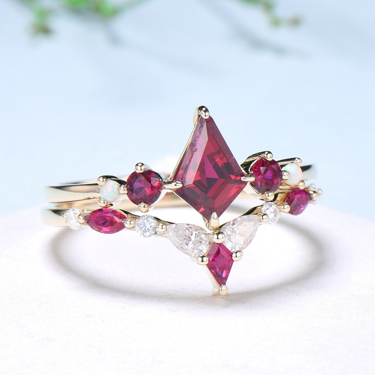 Vintage Kite Ruby Engagement Ring Set 1ct Ruby Bridal Wedding ring Set Art Deco Anniversary Gift Unique July Birthstone Bride Ring For Women