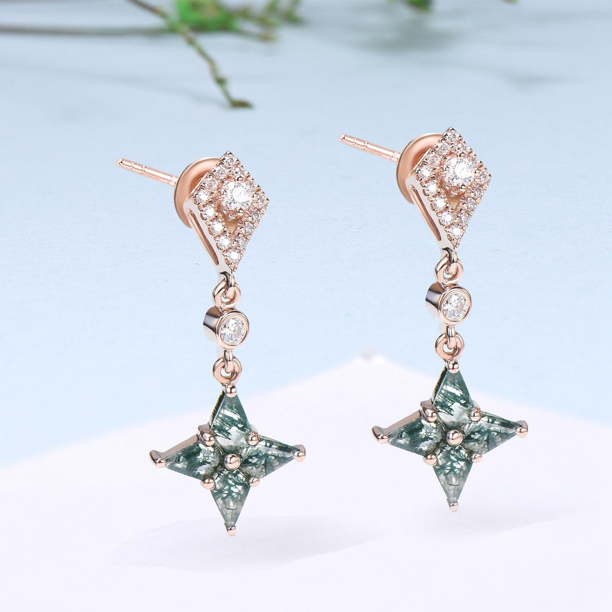 Vintage kite moss agate earrings Unique pinwheel earrings halo diamond drop stud earrings dainty green agate anniversary gift for women
