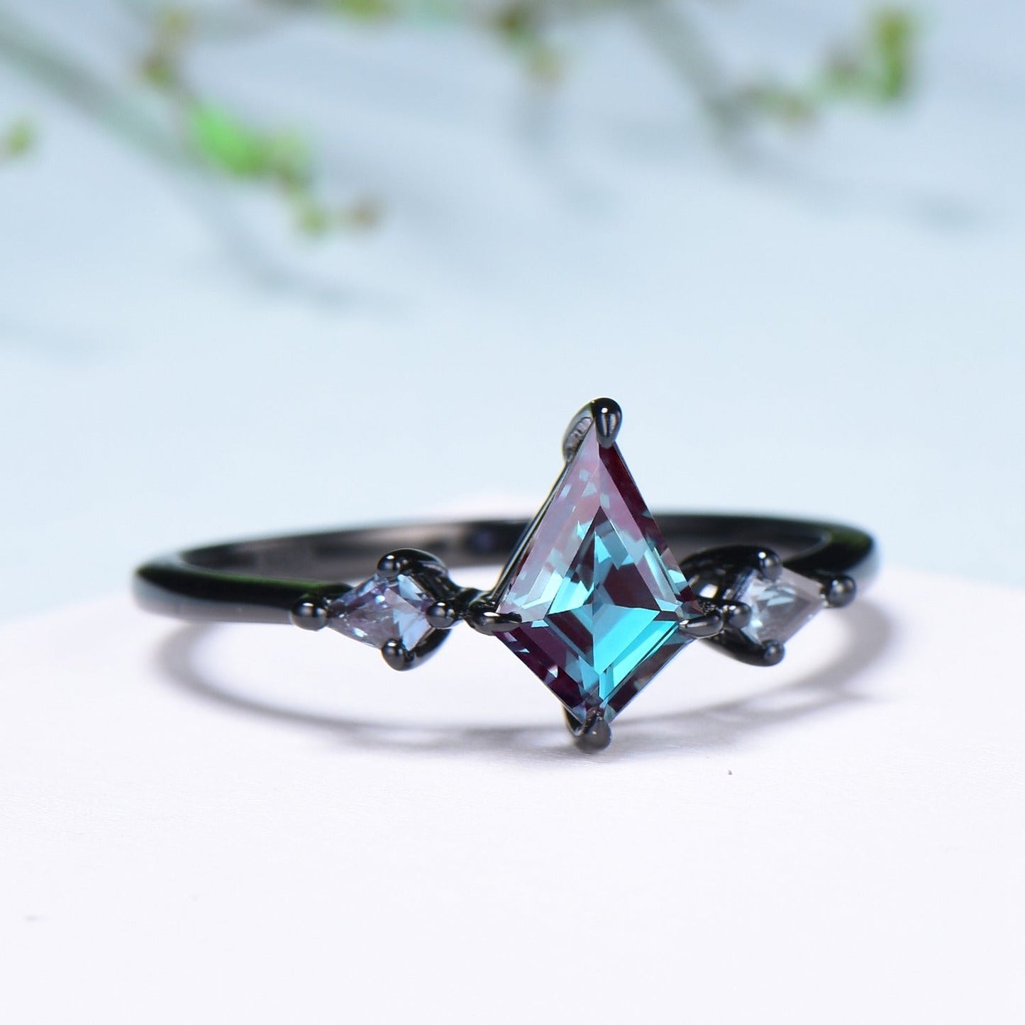 Dainty Black Gold Kite Cut Alexandrite Engagement Ring Minimalist Three Stone