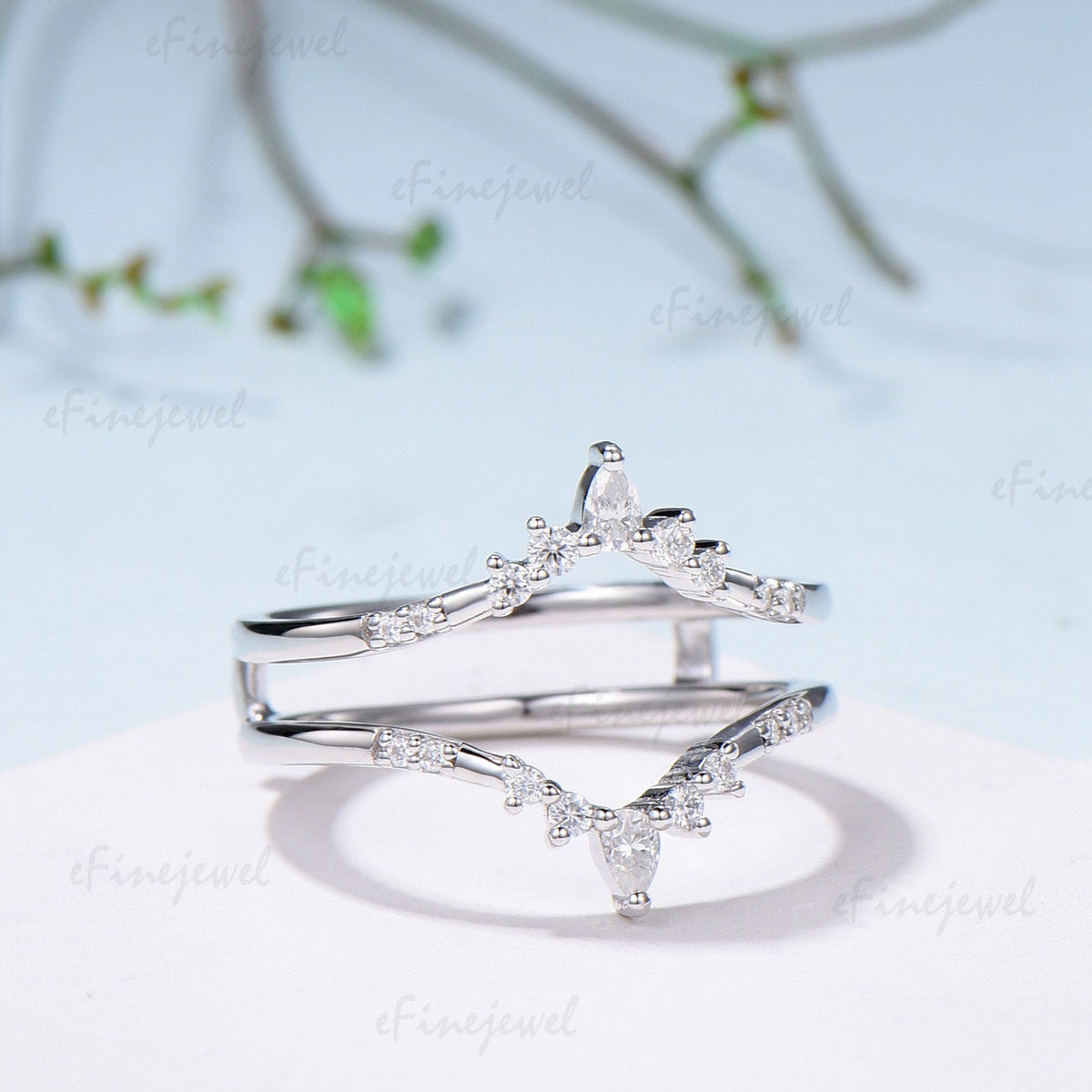 Double Curved Diamond Wedding Band Enhancer, Marquise & Round Moissanite Alternative Ring Guard for Women