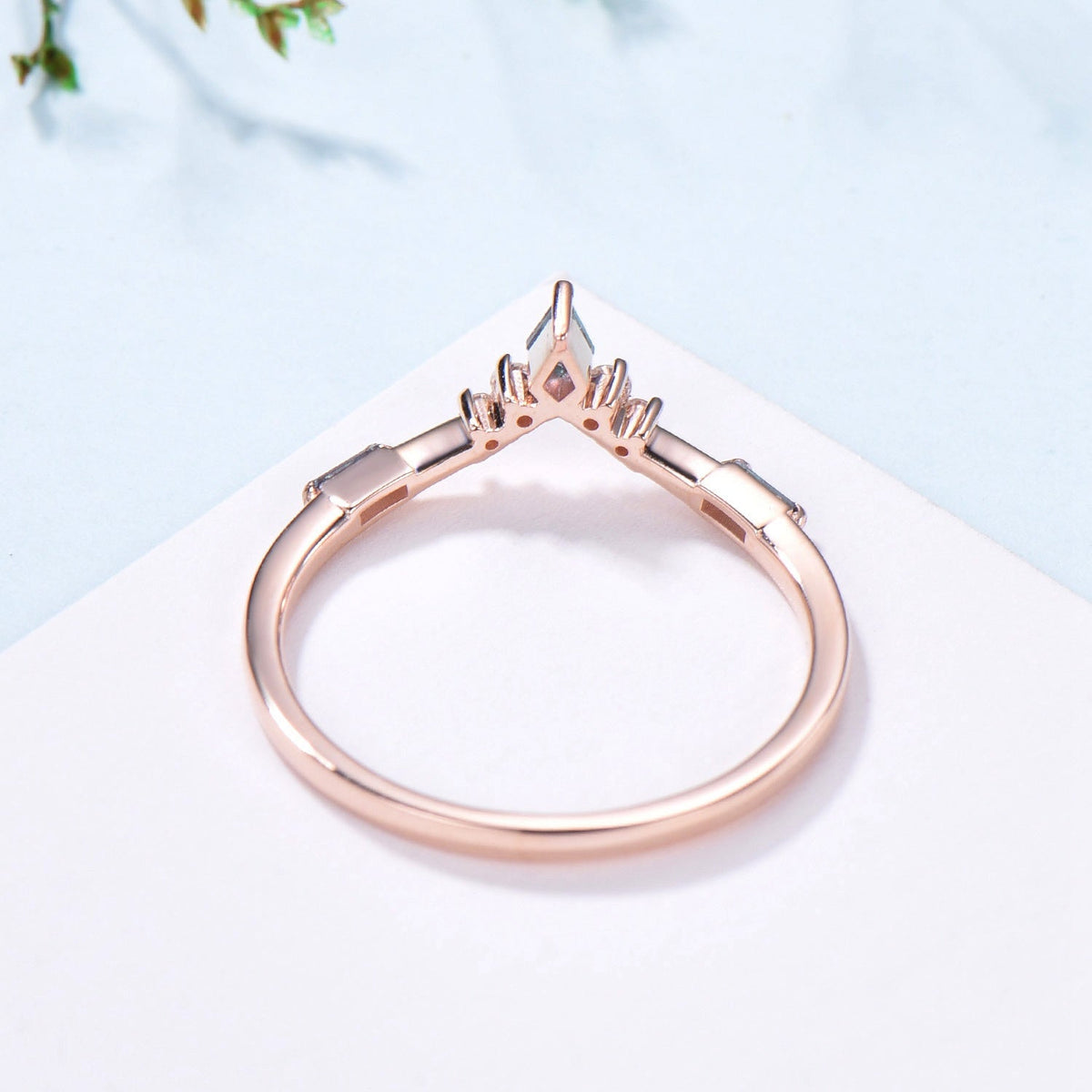 Curved Kite and Baguette Cut Alexandrite Wedding Band, Rose Gold Cluster Moissanite Ring