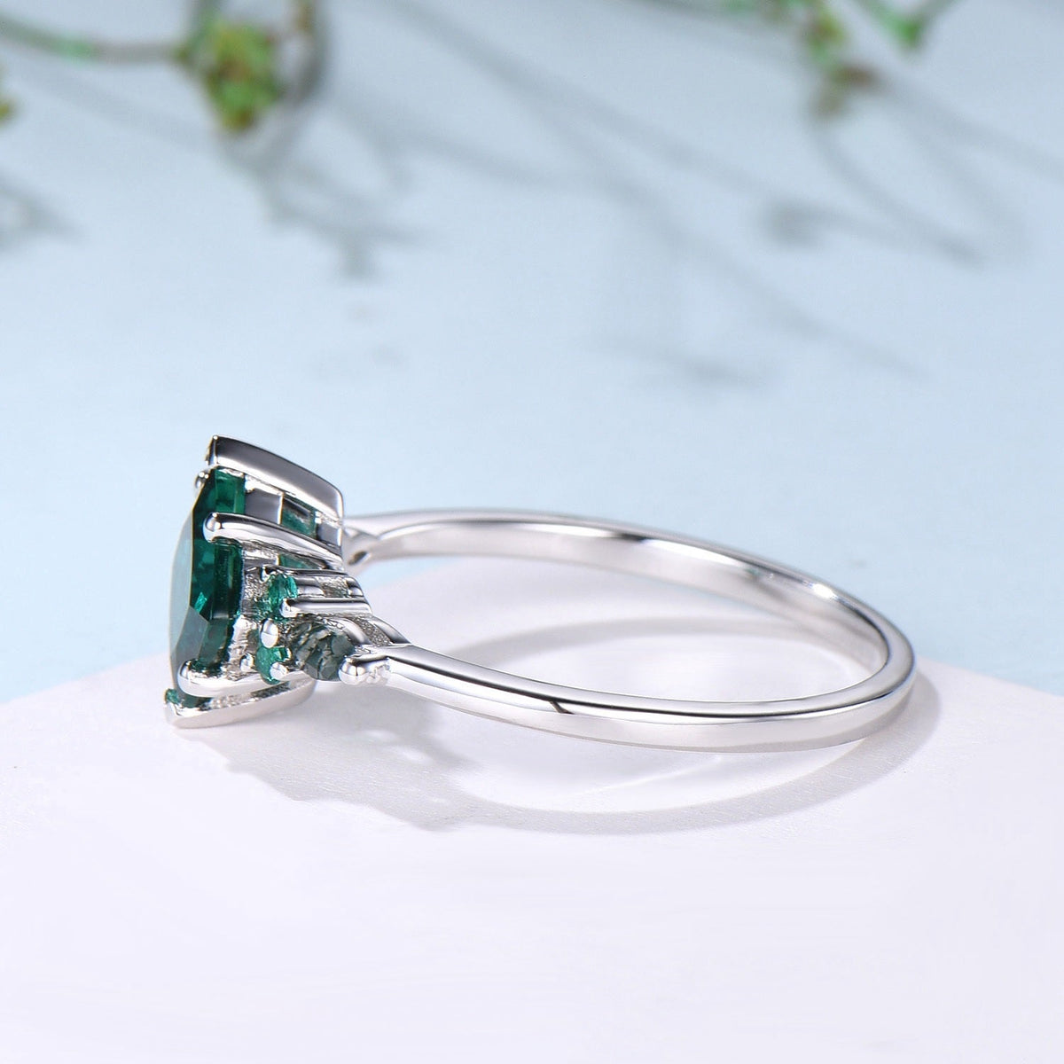 Unique Princess Cut Emerald Engagement Ring Set Silver White Gold Marquise Moss Agate Green Crystal Bridal Wedding Ring Retro Promise Ring