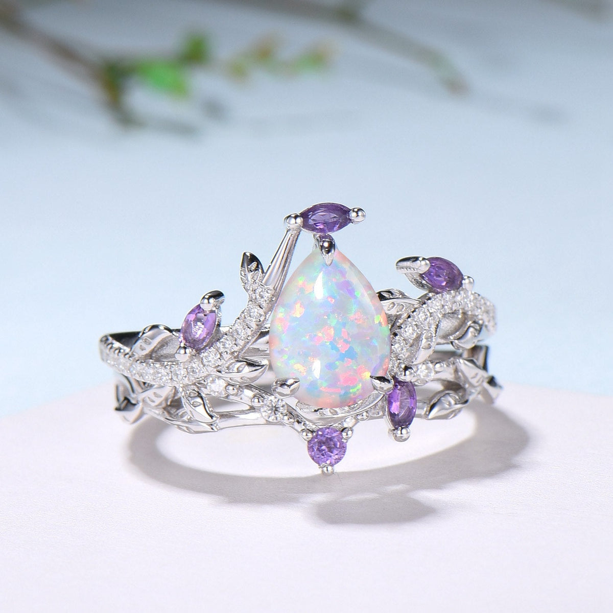Vintage Pear Shaped White Fire Opal Engagement Ring Set Nature Inspired Snake Marqusie Opal Wedding Set 14K Rose Gold Amethyst Bridal Set