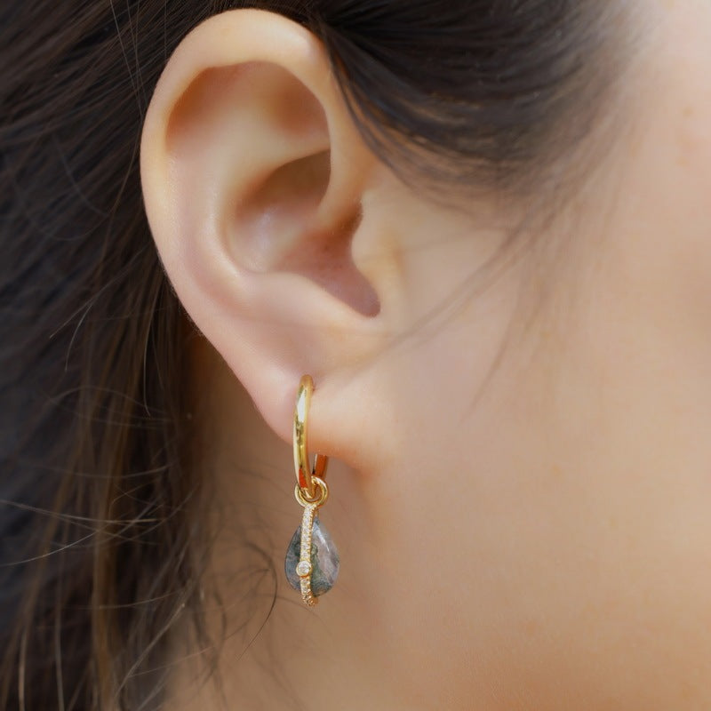 Modern Celestial Moss Agate Pear Shaped Dangle Huggie Earrings