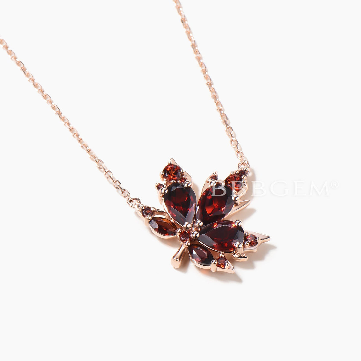 Teardrop Cut Garnet Maple Leaf Necklace Rose Gold Nature Inspired Pendant