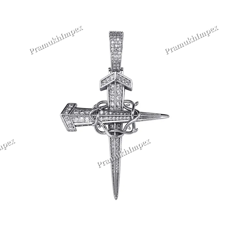 Antique Design Cross and Thorns Pendant In 925 Silver VVS Moissanite