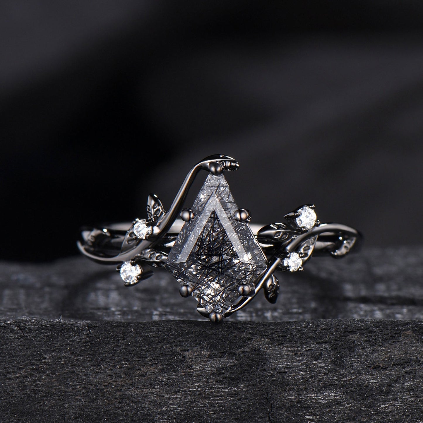 Unique gothic kite cut black rutilated quartz engagement ring set black gold cluster engagement ring leaf branch nature inspired wedding set