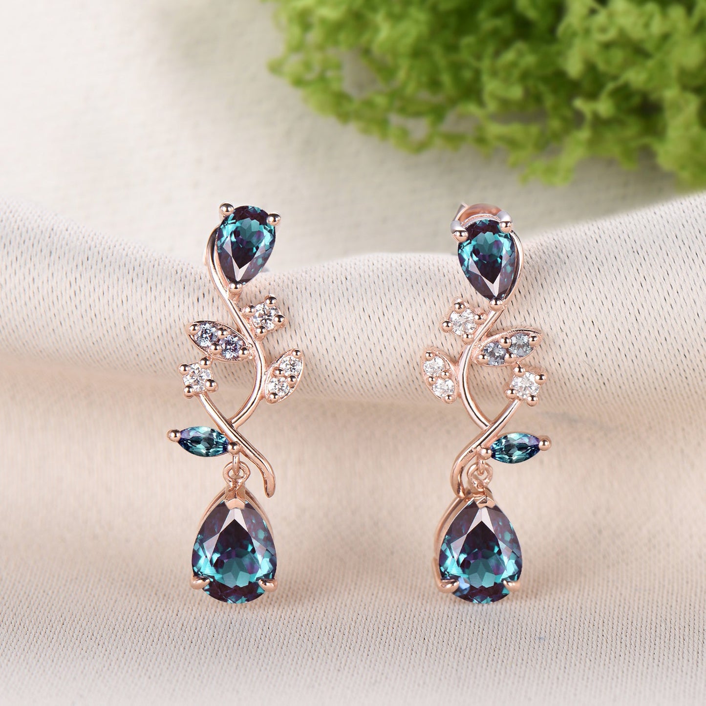 Nature Inspired Pear Shaped Alexandrite Earrings Emerald Elegant Leaf Vine Stud Earrings Unique Handmade Anniversary Promise Gift