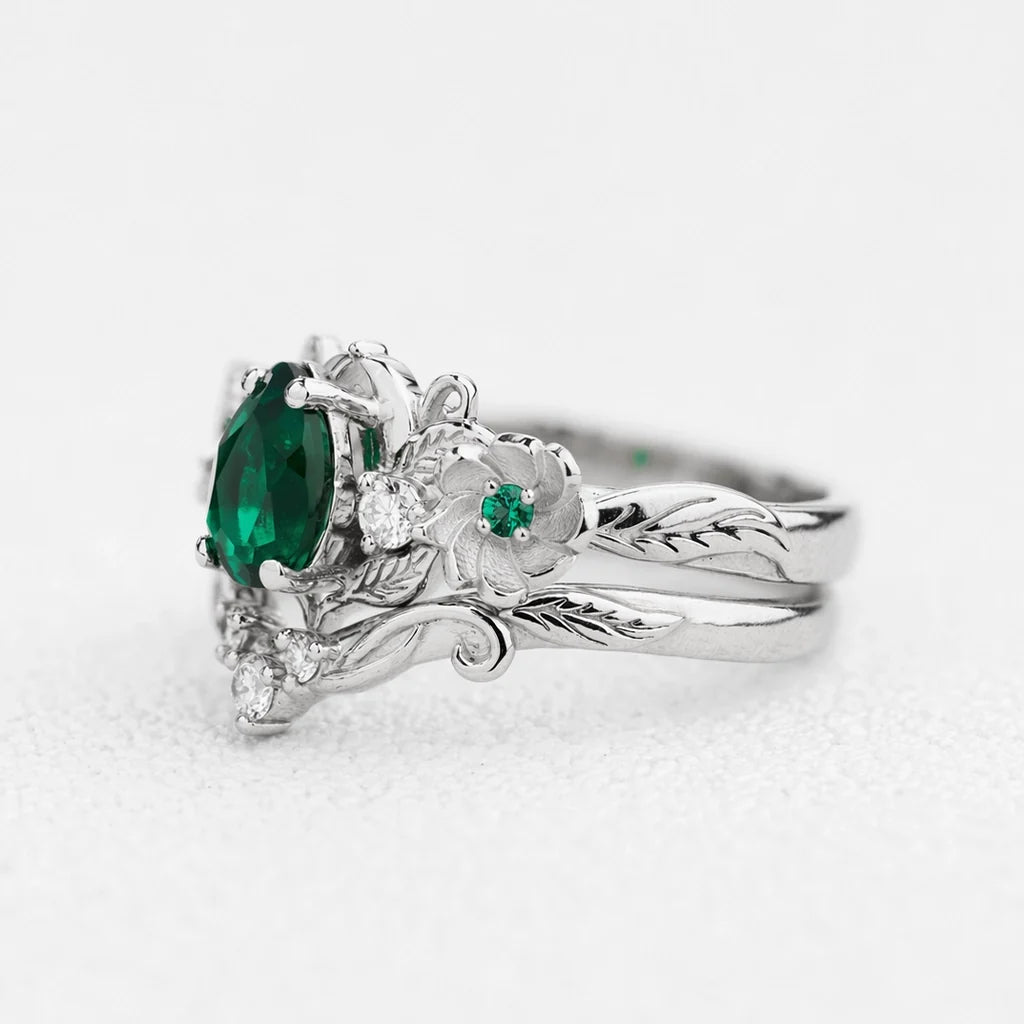 Flora’s Bloom | Natural Emerald Floral Bridal Set 2pcs