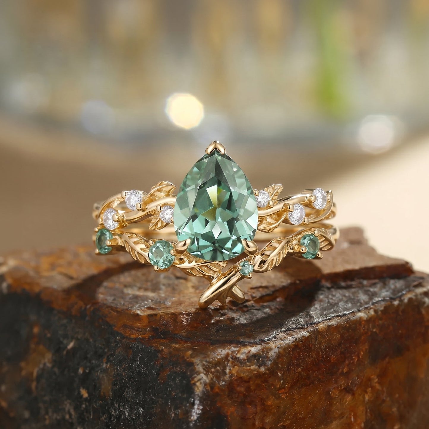 Pear Cut Lab Green Sapphire Leaf Vintage Engagement Ring Sets - Flora
