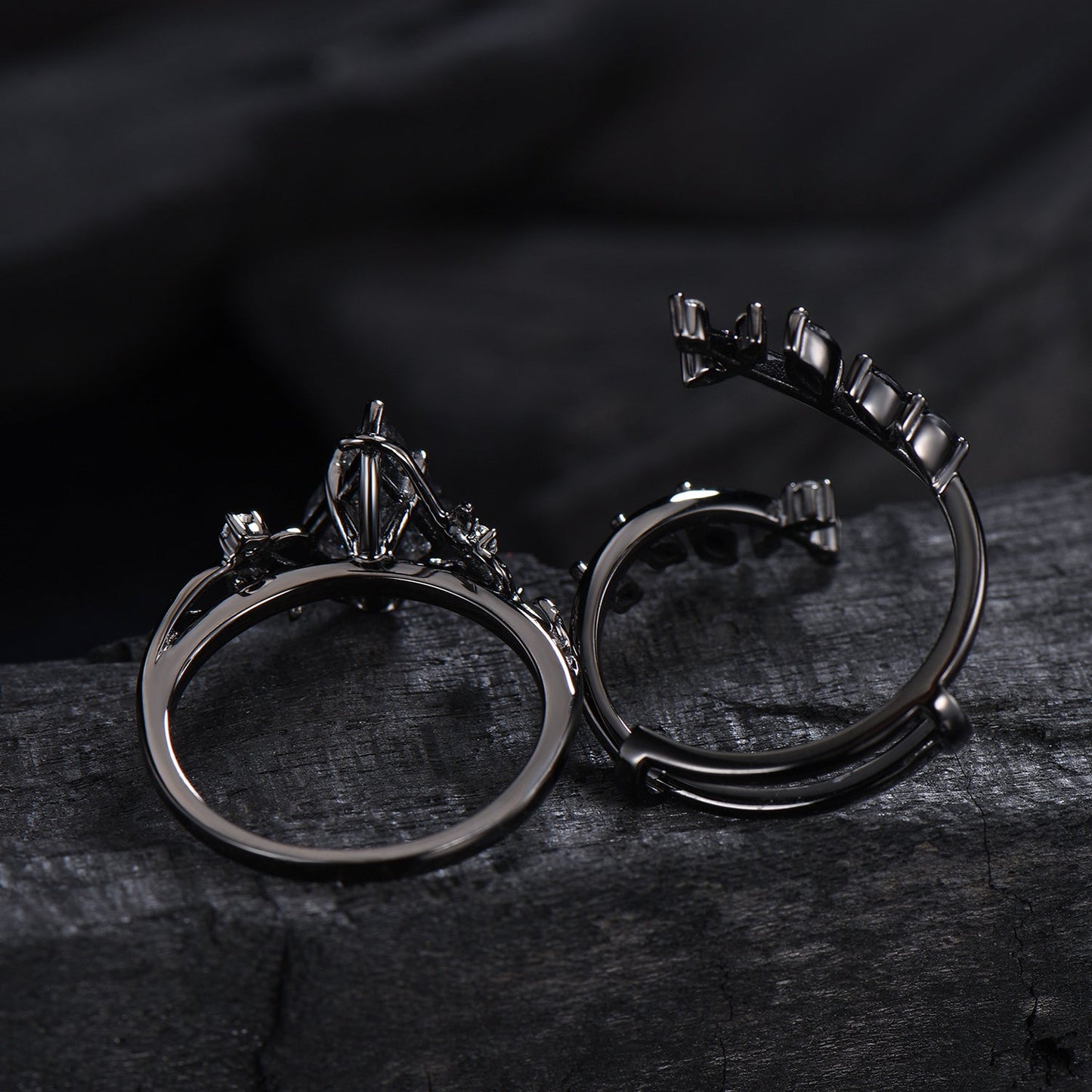 Unique gothic kite cut black rutilated quartz engagement ring set black gold cluster engagement ring leaf branch nature inspired wedding set