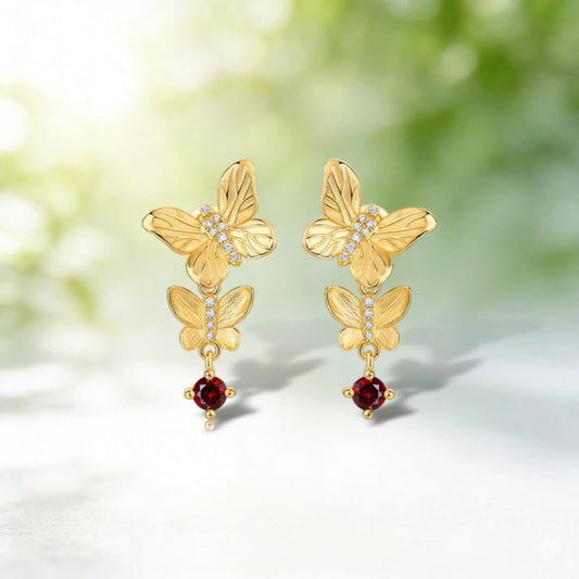 Gold Plated Sterling Silver Double Butterfly Drop Earrings with Red Garnet