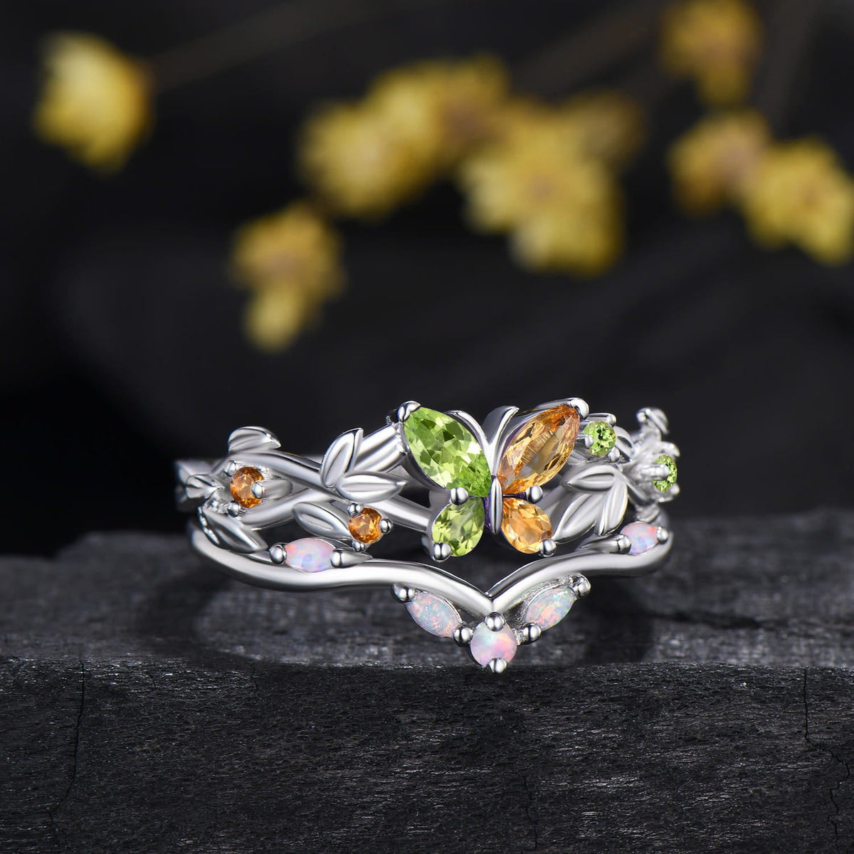 Natural Peridot And Citrine Butterfly Engagement Ring Opal Matching Band Inspired Ring Set
