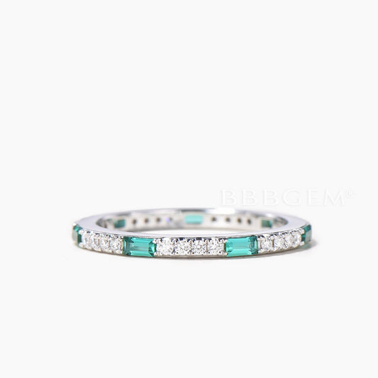 Baguette Cut Emerald Round Diamond Full Eternity Wedding Ring Stacking Band