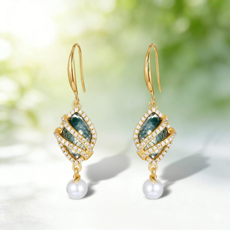 Luxury Moss Agate & Pearl Drop Earrings, Spiral Dangles
