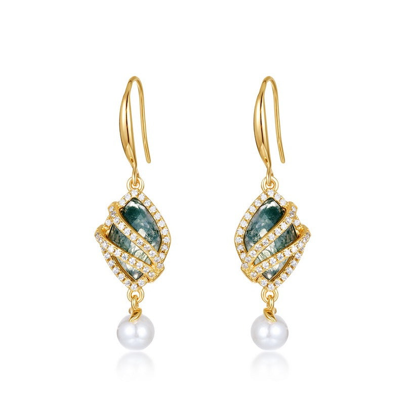 Luxury Moss Agate & Pearl Drop Earrings, Spiral Dangles